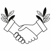 Flat Eco handshake sprouting leaves concept as Close up of two hands shaking with leaves and vines growing from the point of contact Camera slowly pans out to reveal the handshake Square Square vector