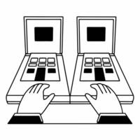 Flat Election officials testing voting machines concept as Close up shots of hands operating machines interspersed with wider views of testing process Camera captures careful chec Square Square vector