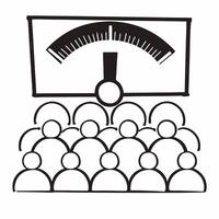 Flat Floating campaign rally crowd with rising enthusiasm meter concept as Wide shot of a miniature campaign rally crowd floating in space with an enthusiasm meter rising above the Square Square vector