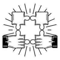 Flat Floating Hands Connecting Puzzle Pieces concept as Two hands connect puzzle pieces while floating mid air against a white background The camera focuses on the connection poin Square Square vector