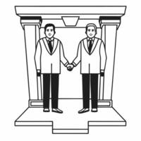 Flat Floating politician handshake with data streams concept as Medium shot of two holographic politicians shaking hands with data streams flowing between them Camera circles the Square Square vector