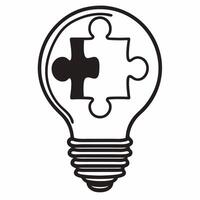 Flat Floating Puzzle Piece Connecting to Light Bulb concept as A puzzle piece connecting to a light bulb floats mid air against a white background The camera angle focuses on the Square Square vector