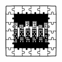 Flat Floating puzzle pieces forming cityscape concept as Close up of holographic puzzle pieces assembling in mid air to create a futuristic cityscape Camera slowly zooms out to sh Square Square vector