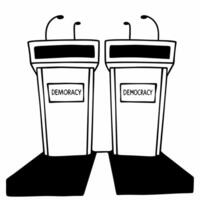 Flat Glossy debate podiums concept as Wide shot of two glossy debate podiums with Democracy etched on the front Camera slowly circles the podiums Copy space on dark background fo Square Set 2 Square vector