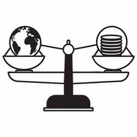 Flat Glossy scales balancing planet and profit concept as Panning shot of glossy scales balancing a miniature Earth and a stack of coins Camera moves up to reveal ample white spac Square Square vector