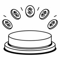 Flat Glossy white podium with floating coins concept as Tracking shot circling a glossy white podium Golden coins float above representing revenue Camera pans to reveal ample cop Square Square vector