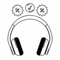 Flat Headphones with holographic deal icons concept as Modern headphones rest on a glossy white surface with two holographic icons floating above a glowing percentage symbol and a Square Square vector