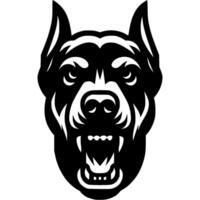 Tattoo of angry roaring Doberman dog head in monochrome. Doberman dog front view. Engraving minimalistic image in black ink drawing on white background vector