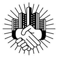 Flat Holographic handshake over sustainable cityscape concept as Tracking shot of two holographic hands shaking symbolizing business negotiation The hands dissolve into particles Square Square vector