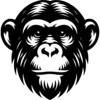 Tattoo of sullen male chimpanzee head in monochrome. Gloomy chimp portrait. Engraving minimalistic image in black ink drawing on white background vector