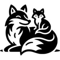 Tired mother fox lies down and rests, and the baby fox plays sitting on her back in monochrome. Engraving minimalistic image in black ink drawing on white background vector
