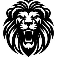 Tattoo of roaring lion front view head in monochrome. Wild lion. Engraving minimalistic image in black ink drawing on white background vector