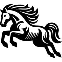 Tattoo emblem of wild horse stallion jumps over barrier to freedom in monochrome. Engraving minimalistic image in black ink drawing on white background vector