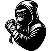 Tattoo of gorilla boxer shows fist in monochrome. Baboon mixed martial arts fighter. Engraving minimalistic image in black ink drawing on white background vector