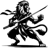 Ninja Leo master in katana sword attacking position in monochrome. Lion fighter of secret clan animal roars. Tattoo minimalistic image in black ink drawing on white background vector