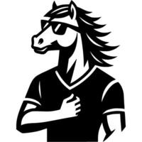 Tattoo emblem of young man horse in t shirt and sunglasses confidently looks forward in monochrome. Engraving minimalistic image in black ink drawing on white background vector