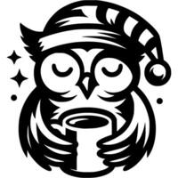 Sleepy owl with closed eyes in sleeping cap holding coffee mug in monochrome. Engraving minimalistic image in black ink drawing on white background vector