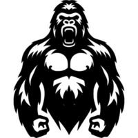 Tattoo of angry gorilla ready for battle in monochrome. Giant monkey clenched his fists and growled. Engraving minimalistic image in black ink drawing on white background vector