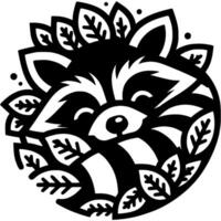 Raccoon sleeps comfortably in a pile of dry autumn leaves in monochrome. Engraving minimalistic image in black ink drawing on white background vector