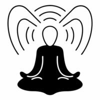 Flat Holographic meditation figure in lotus pose concept as Wide shot of a holographic figure in lotus pose emanating waves of calm Camera slowly zooms out to reveal the figures i Square Square vector