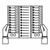 Flat Integrity auditors examining voting machines concept as Close up of election integrity auditors meticulously examining voting machines Camera pans across their hands as they Square Square vector