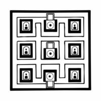 Flat Integrity lock and key maze concept as Minimal design of locks and keys forming a maze like pattern representing election security Camera navigates through the maze revealing Square Set 2 Square vector