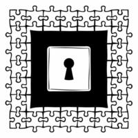 Flat Integrity puzzle frame with ballot piece concept as Medium shot of a frame formed by puzzle pieces representing election integrity with a key piece shaped like a ballot in the Square Square vector