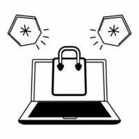 Flat Laptop bag with holographic offer icons concept as A laptop bag lies on a glossy white background with two holographic icons floating above a glowing discount tag and a buy bu Square Square vector