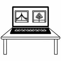 Flat Laptop with Holographic Bridge and Handshake concept as A laptop is open on a glossy white desk with two holographic icons hovering above a bridge and a handshake symbolizing Square Set 2 Square vector