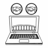 Flat Laptop with Holographic Bridge and Handshake concept as A laptop is open on a glossy white desk with two holographic icons hovering above a bridge and a handshake symbolizing Square Square vector