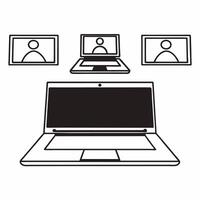 Flat Laptop with Holographic Scale and Community Figures concept as A laptop is open on a glossy white desk with two holographic icons hovering above a balanced scale symbolizing c Square Square vector