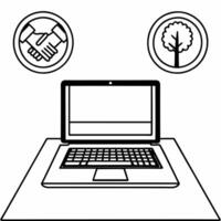 Flat Laptop with Holographic Handshake and Tree concept as A laptop is open on a glossy white desk with two holographic icons hovering above a handshake symbolizing compromise and Square Set 2 Square vector