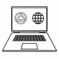 Flat Laptop with Holographic Recycling Symbol and Globe concept as A laptop is open on a glossy white desk with two holographic icons hovering above a recycling symbol and a globe Square Square vector