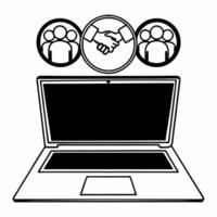 Flat Laptop with Holographic Handshake and Tree concept as A laptop is open on a glossy white desk with two holographic icons hovering above a handshake symbolizing compromise and Square Square vector
