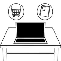 Flat Laptop with holographic offer signs concept as A sleek modern laptop sits open on a white desk with two holographic icons hovering above a shopping cart and a discount tag sym Square Square vector
