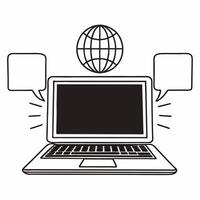 Flat Laptop with Holographic Globe and Chat Icons concept as A sleek laptop sits open on a glossy white desk with two holographic icons hovering above a glowing globe and chat bubb Square Square vector