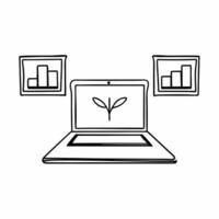 Flat Laptop with Holographic Plant and Chart concept as A laptop is open on a glossy white desk with two holographic icons hovering above a sprouting plant and an ascending chart s Square Square vector