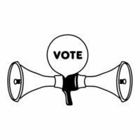 Flat Levitating megaphone with vote bubbles concept as Close up of a megaphone floating in space emitting speech bubbles containing VOTE in various languages Camera pans around th Square Square vector