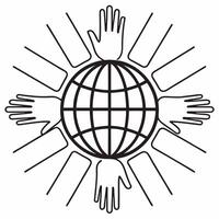 Flat Macro of Hands Uniting over Digital Globe concept as A close up image of multiple hands reaching over a digital globe hologram The camera captures the hands and globe in deta Square Square vector