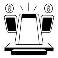 Flat Payment terminal with glowing dollar icon concept as A payment terminal sits on a white reflective counter with two holographic symbols floating above a glowing dollar sign an Square Square vector