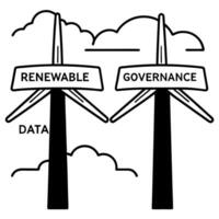 Flat Policy windmill farm in data clouds concept as Wide shot of a windmill farm with policy keywords on the blades set against a background of soft data cloud formations Camera s Square Square vector