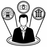 Flat Politician avatar with policy holograms concept as Close up of a politicians holographic avatar surrounded by floating policy icons Camera pans across the avatar revealing va Square Set 2 Square vector