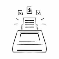 Flat Receipt printer with holographic symbols concept as A receipt printer on a glossy white desk emits a receipt with two holographic icons hovering above a glowing dollar sign an Square Square vector