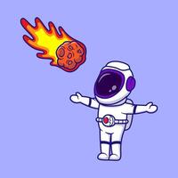 Cute Astronaut Standing Waving Hand With Floating Flaming Comet Cartoon Illustration. Science Technology Concept. Flat Cartoon Outline Style. vector