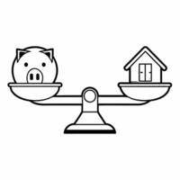 Flat Scales balancing a piggy bank and a house concept as of a balance scale with a piggy bank on one side and a house on the other isolated on white The scale is intricate Square Square vector
