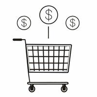 Flat Shopping cart with holographic revenue icons concept as A shopping cart sits on a glossy white surface with two floating holographic icons a dollar sign and a percentage symbo Square Square vector
