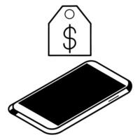 Flat Smartphone with glowing price tag concept as A smartphone on a reflective white surface displaying a holographic price tag and a dollar sign floating near it representing reve Square Square vector