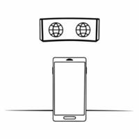 Flat Smartphone with Holographic Bridge and Globe concept as A smartphone stands upright on a glossy white surface with two holographic icons hovering above a bridge and a globe sy Square Square vector