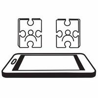 Flat Smartphone with Holographic Puzzle and Community Icons concept as A smartphone on a glossy white table displays two holographic icons above interlocking puzzle pieces symboliz Square Square vector