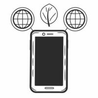 Flat Smartphone with Holographic Network and Leaf concept as A smartphone stands upright on a glossy white surface with two holographic icons hovering above a network symbol and a Square Square vector